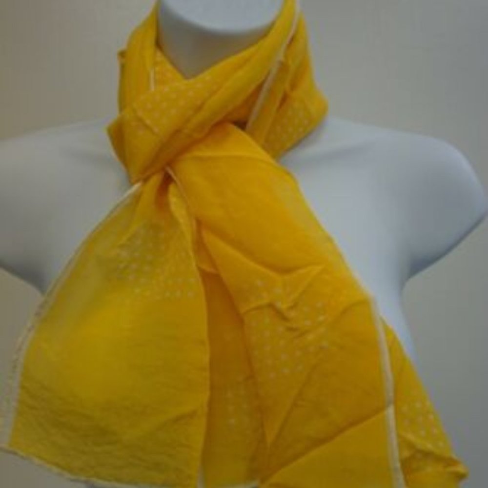 Vintage Katja Silk Blend 56”x 10” Sheer Rectangle Scarf Yellow & White Dots